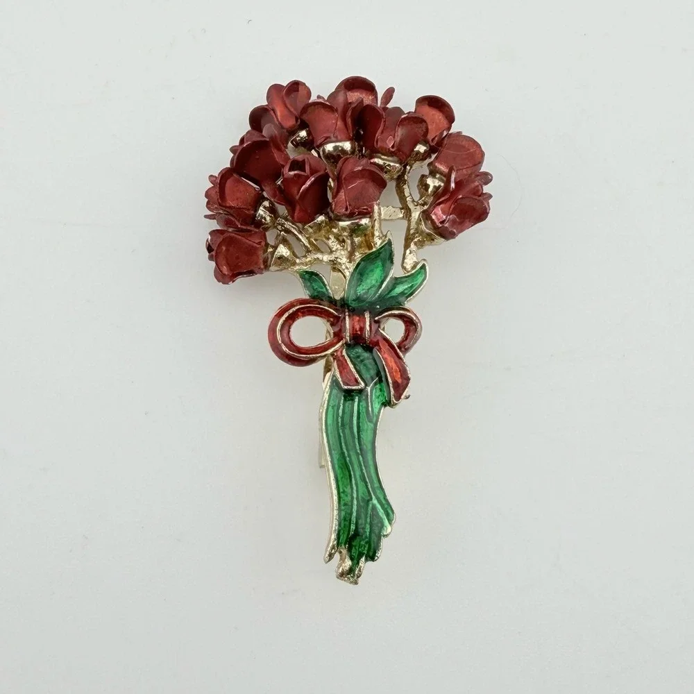 Rose Bouquet Brooch‎ Red Good Enamel Floral Gold Tone Pin